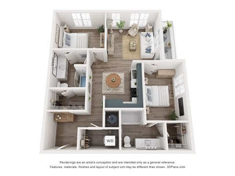 Floor plan for 2 beds, 2 baths, 1053 sqft
