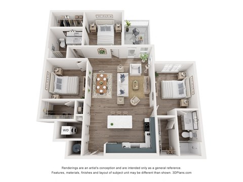 Floor plan for 3 beds, 2 baths, 1375 sqft