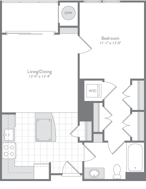 Floor plan for 1 bed, 1 bath, 716 sqft