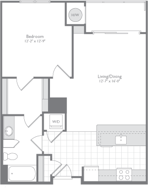 Floor plan for 1 bed, 1 bath, 770 sqft