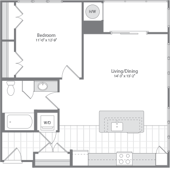 Floor plan for 1 bed, 1 bath, 778 sqft