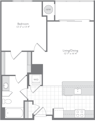 Floor plan for 1 bed, 1 bath, 783 sqft
