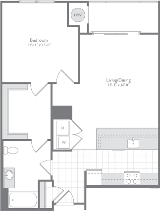 Floor plan for 1 bed, 1 bath, 864 sqft