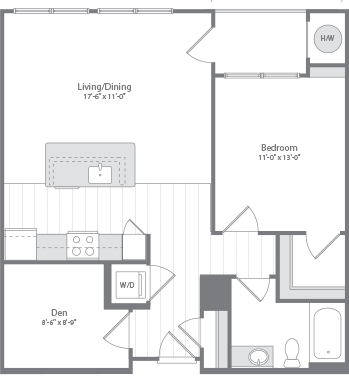 Floor plan for 1 bed, 1 bath, 880 sqft