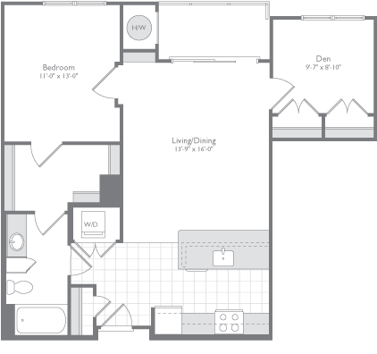 Floor plan for 1 bed, 1 bath, 891 sqft
