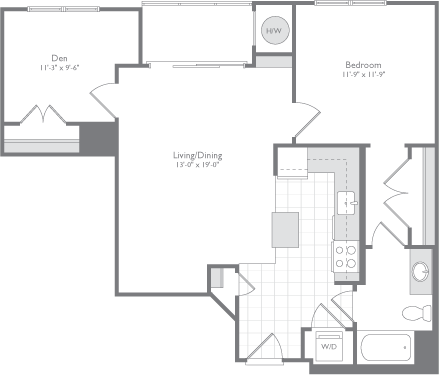 Floor plan for 1 bed, 1 bath, 900 sqft