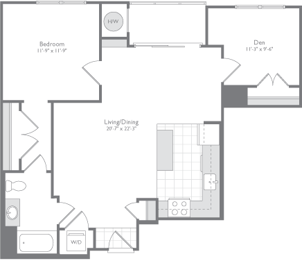 Floor plan for 1 bed, 1 bath, 923 sqft
