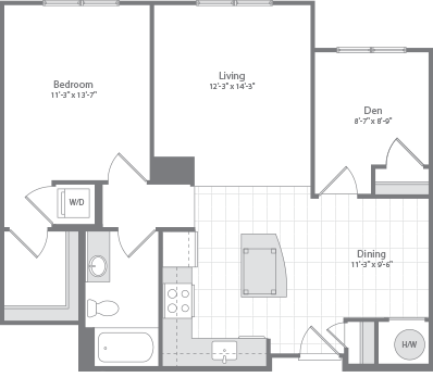 Floor plan for 1 bed, 1 bath, 935 sqft