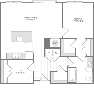 Floor plan for 1 bed, 1 bath, 1037 sqft