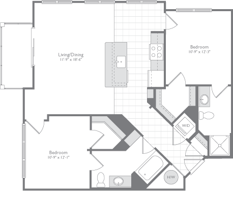 Floor plan for 2 beds, 2 baths, 1077 sqft