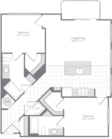 Floor plan for 2 beds, 2 baths, 1098 sqft