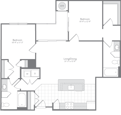 Floor plan for 2 beds, 2 baths, 1153 sqft