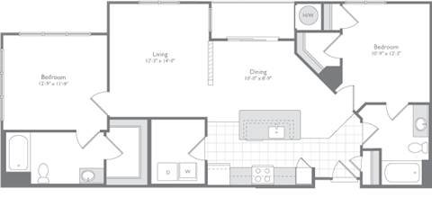 Floor plan for 2 beds, 2 baths, 1187 sqft