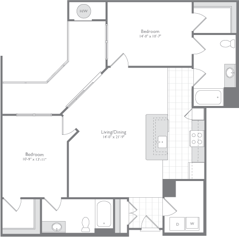 Floor plan for 2 beds, 2 baths, 1214 sqft