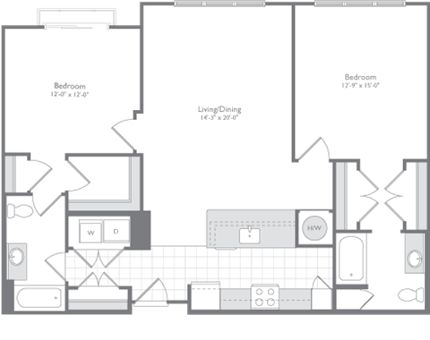 Floor plan for 2 beds, 2 baths, 1274 sqft