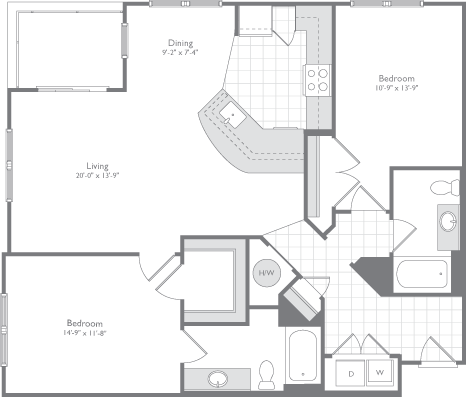 Floor plan for 2 beds, 2 baths, 1277 sqft
