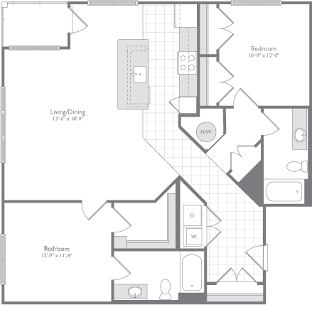 Floor plan for 2 beds, 2 baths, 1286 sqft