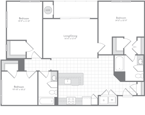 Floor plan for 3 beds, 2 baths, 1372 sqft
