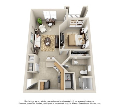 Floor plan for 1 bed, 1 bath, 693 sqft
