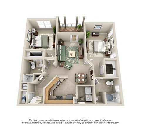 Floor plan for 2 beds, 2 baths, 1136 sqft