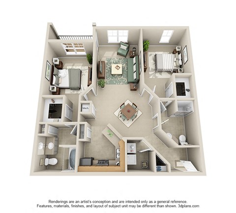 Floor plan for 2 beds, 2 baths, 1040 sqft