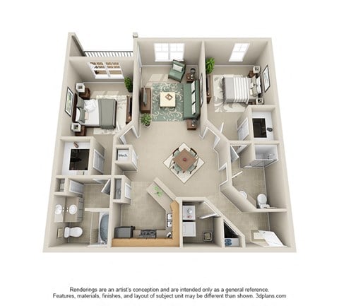 Floor plan for 2 beds, 2 baths, 1040 sqft