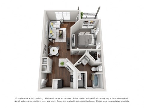 Floor plan for 1 bed, 1 bath, 598 sqft