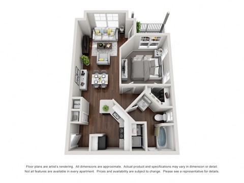 Floor plan for 1 bed, 1 bath, 609 sqft