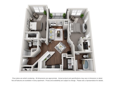 Floor plan for 2 beds, 2 baths, 982 sqft