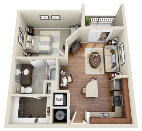Floor plan for 1 bed, 1 bath, 600 sqft