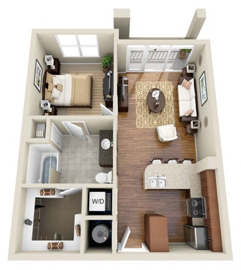 Floor plan for 1 bed, 1 bath, 620 sqft