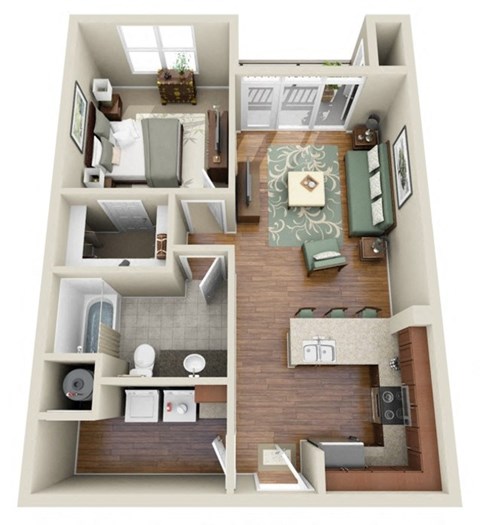 Floor plan for 1 bed, 1 bath, 680 sqft