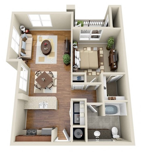 Floor plan for 1 bed, 1 bath, 748 sqft