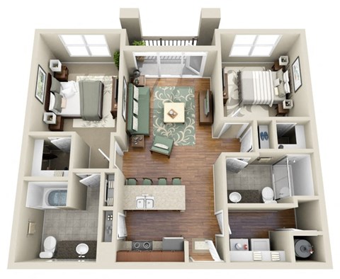 Floor plan for 2 beds, 2 baths, 895 sqft
