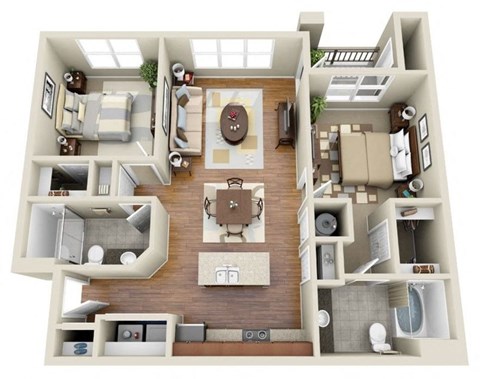 Floor plan for 2 beds, 2 baths, 998 sqft