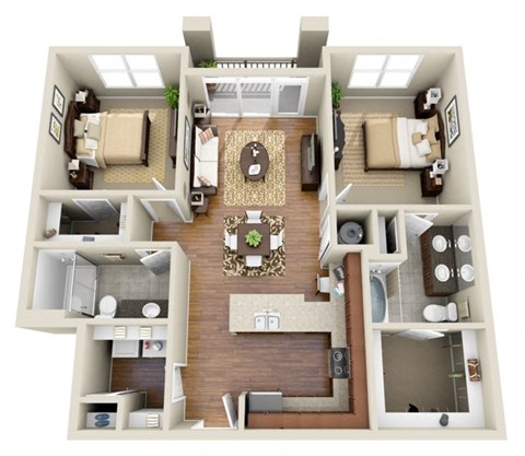Floor plan for 2 beds, 2 baths, 1045 sqft