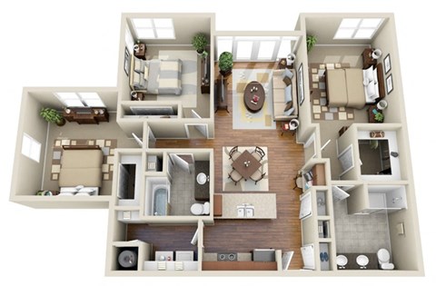 Floor plan for 3 beds, 2 baths, 1283 sqft