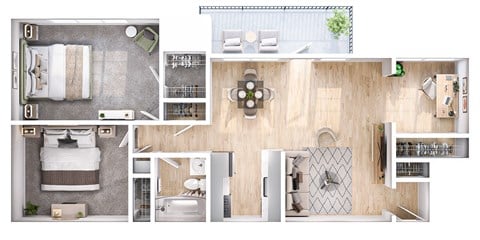 Floor plan for 2 beds, 1 bath, 728 sqft