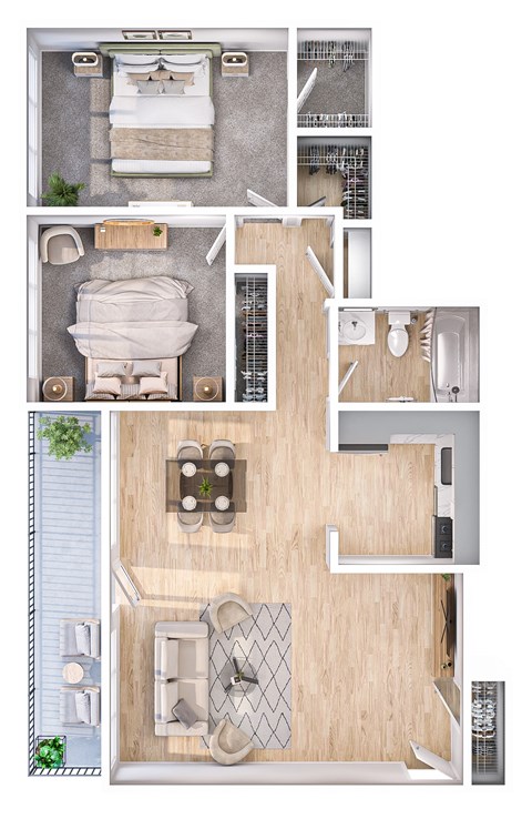 Floor plan for 2 beds, 1 bath, 785 sqft