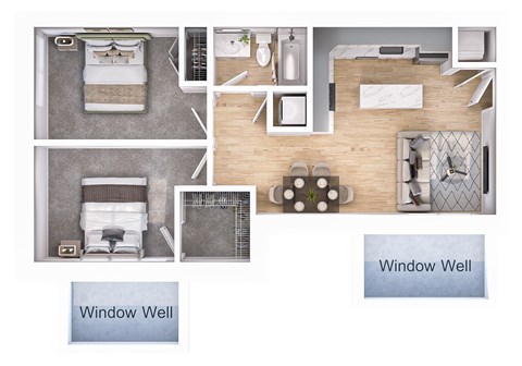 Floor plan for 2 beds, 1 bath, 728 sqft