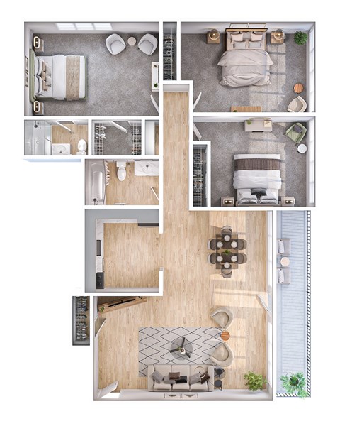 Floor plan for 3 beds, 2 baths, 900 sqft