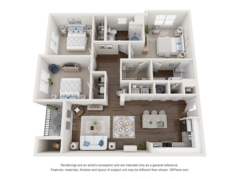 Floor plan for 3 beds, 2 baths, 1327 sqft