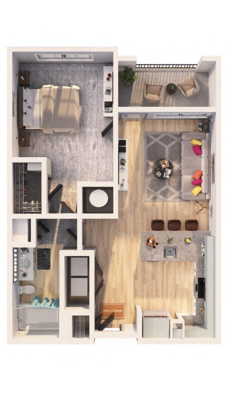 Floor plan for 1 bed, 1 bath, 661 sqft