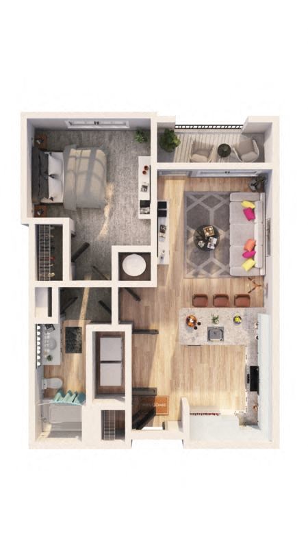 Floor plan for 1 bed, 1 bath, 674 sqft