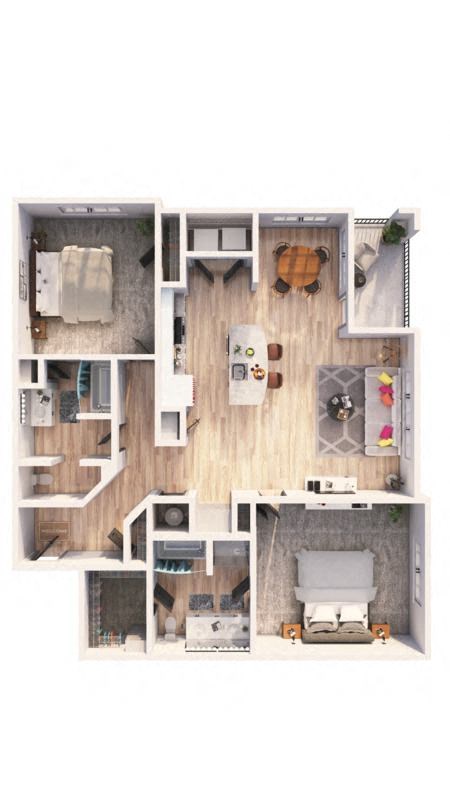 Floor plan for 2 beds, 2 baths, 1066 sqft