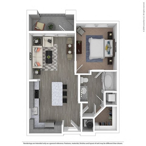 Floor plan for 1 bed, 1 bath, 638 sqft