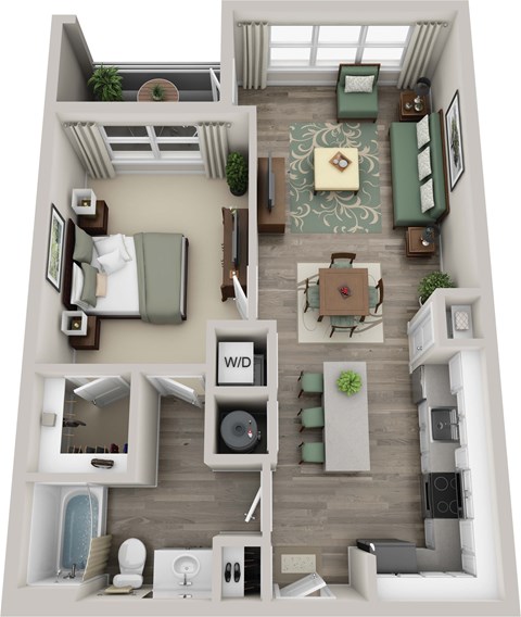 Floor plan for 1 bed, 1 bath, 719 sqft