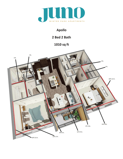Floor plan for 2 beds, 2 baths, 1010 sqft
