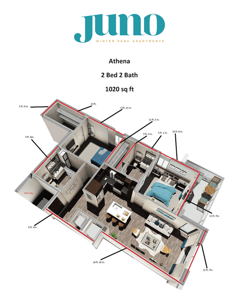 Floor plan for 2 beds, 2 baths, 1020 sqft