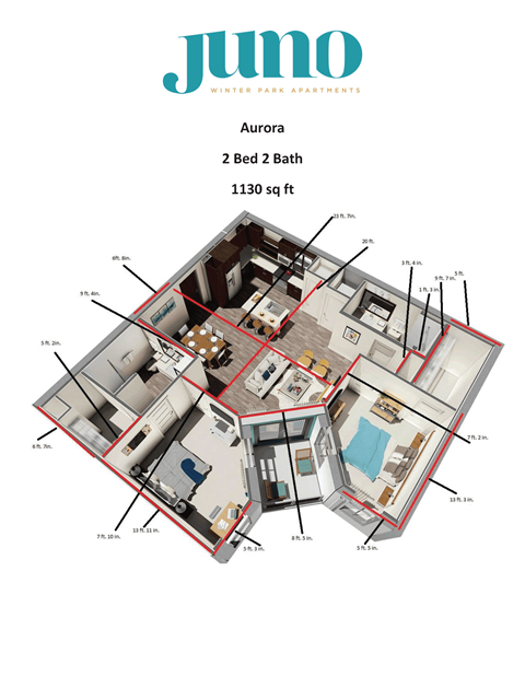 Floor plan for 2 beds, 2 baths, 1130 sqft